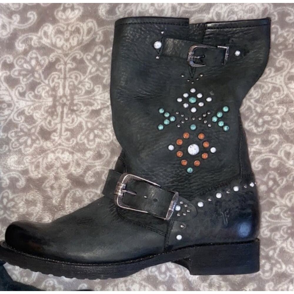 Women’s Veronica Stone Boots Gray/Black leather gems buckles 7.5B